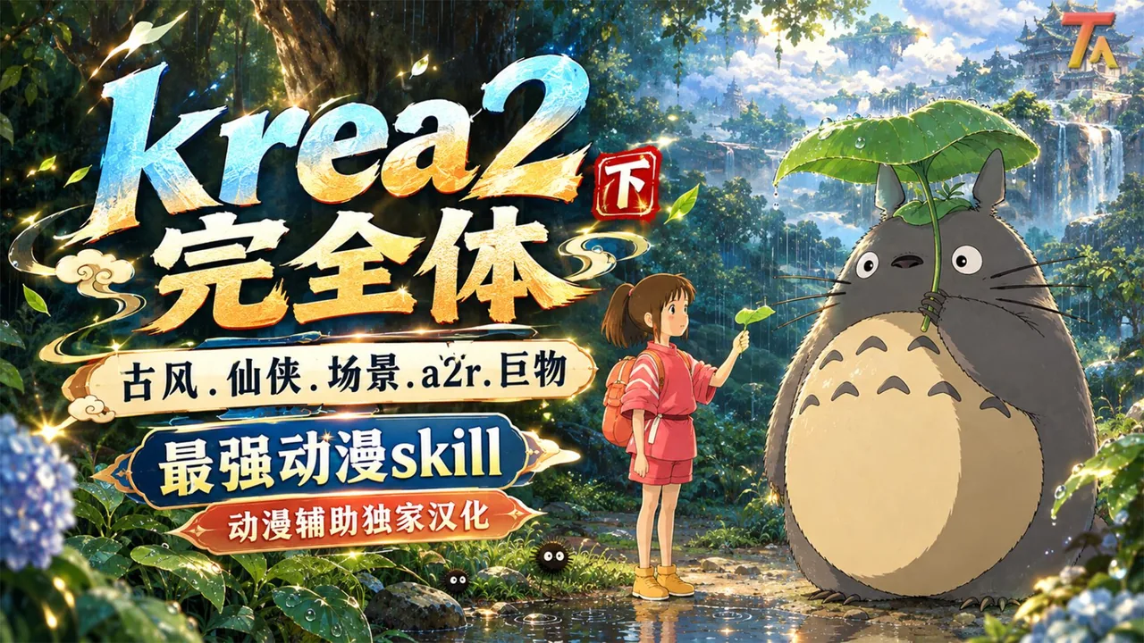 Krea 2 完全体（下）视频封面：千寻与龙猫站在雨后的林间